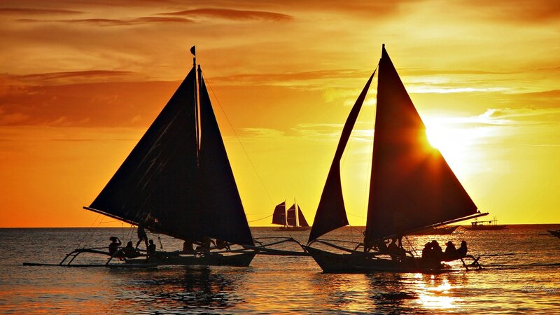 Sailboats at Sunset — Orange, Dramatic, Photograph, Ocean, People