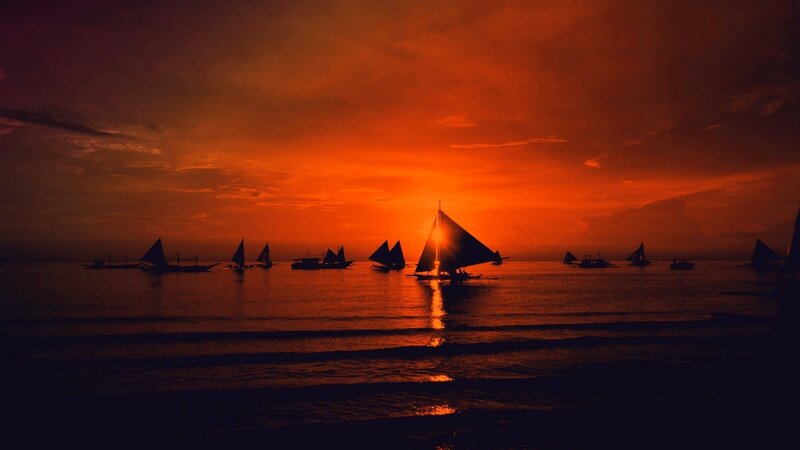 Sailboats at Sunset — Orange, Dramatic, Photograph, Ocean, Silhouette