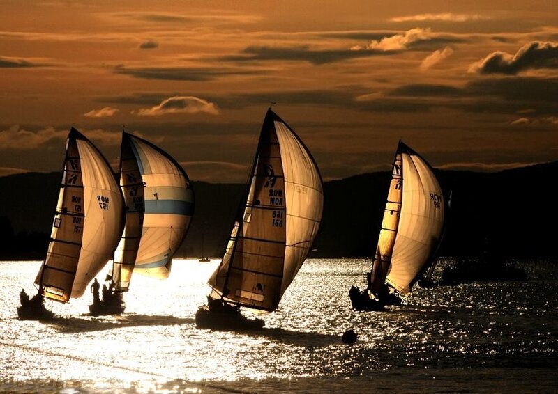 Sailboats at Sunset — Orange, Dramatic, Photograph, Sails