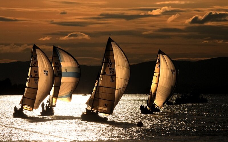 Sailboats at Sunset — Orange, Dramatic, Photograph, Sails, Water