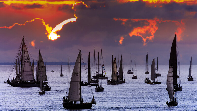 Sailboats at Sunset — Orange, Dramatic, Photograph, Sea