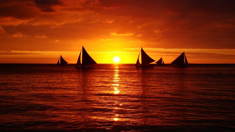 Sailboats at Sunset — Orange, Dramatic, Photograph, Sun, Ocean, Clouds