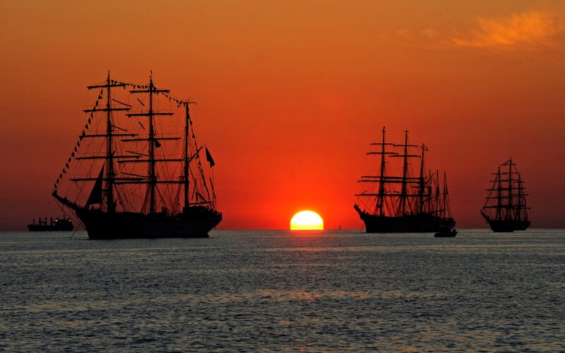 Sailboats at Sunset — Orange, Dramatic, Photograph, Sun, Ocean