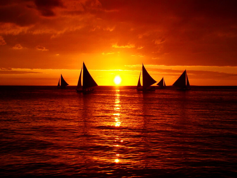 Sailboats at Sunset — Orange, Dramatic, Photograph, Sun