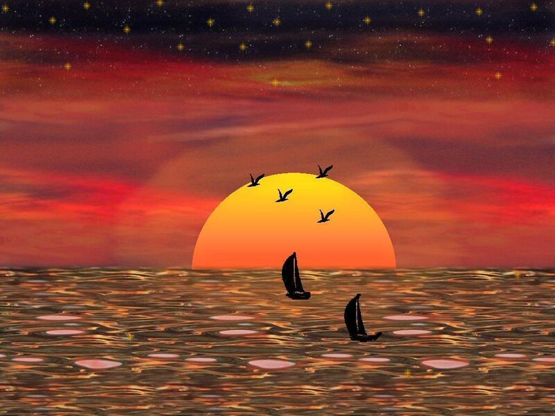 Sailboats at Sunset — Orange, Serene, Digital Art