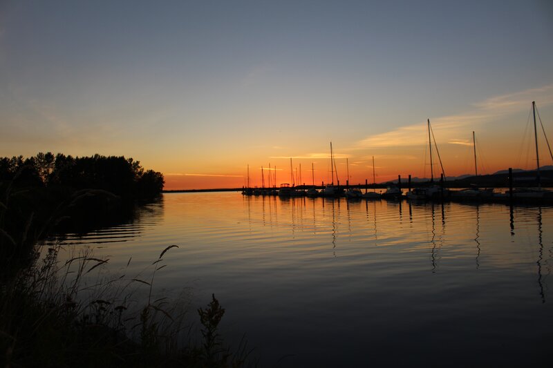 Sailboats at Sunset — Orange, Serene, Photograph, Dock
