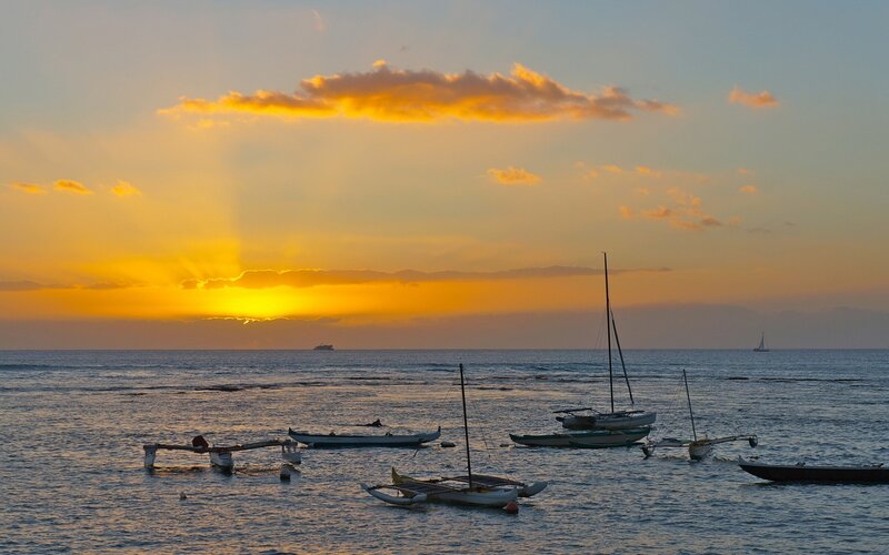 Sailboats at Sunset — Orange, Serene, Photograph, Ocean, Clouds, Sun
