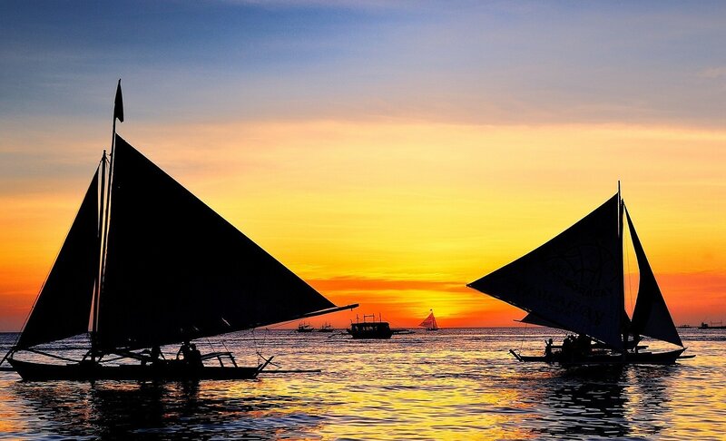 Sailboats at Sunset — Orange, Serene, Photograph, Ocean, Sky