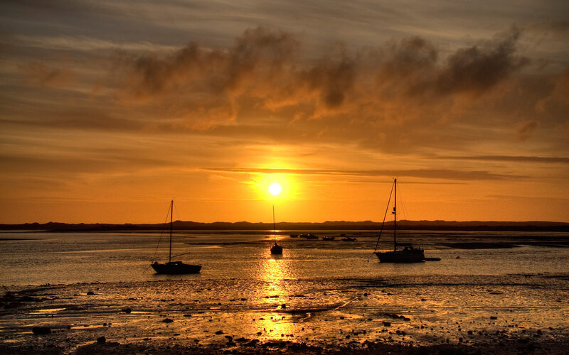 Sailboats at Sunset — Orange, Serene, Photograph, Sun, Clouds, Water