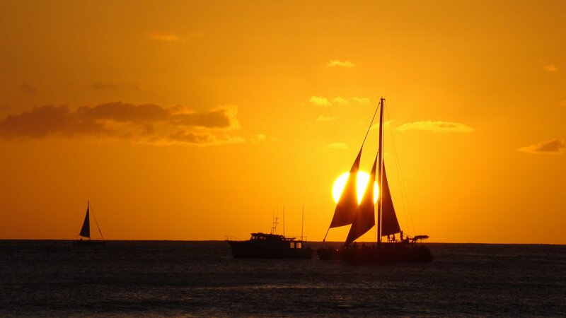 Sailboats at Sunset — Orange, Serene, Photograph, Sun, Ocean, Clouds