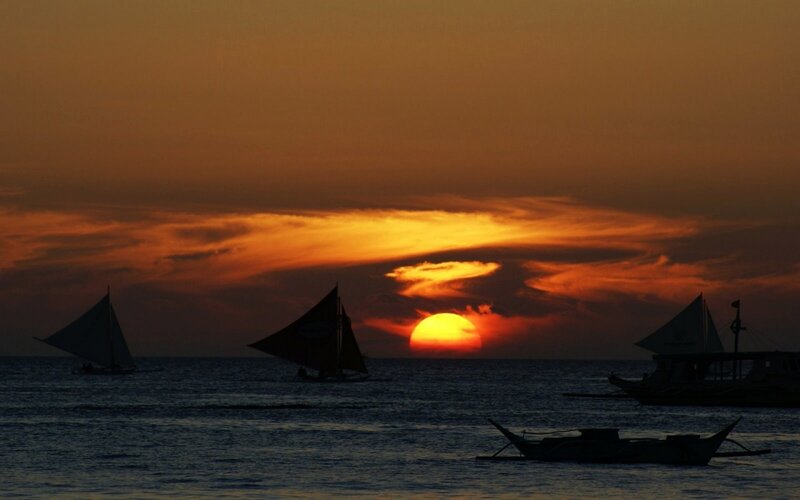 Sailboats at Sunset — Orange, Serene, Photograph, Sun, Ocean