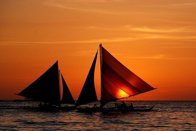 Sailboats at Sunset — Orange, Serene, Photograph