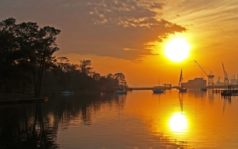 Sailboats at Sunset — Orange, Serene, Photograph, Trees, Cranes