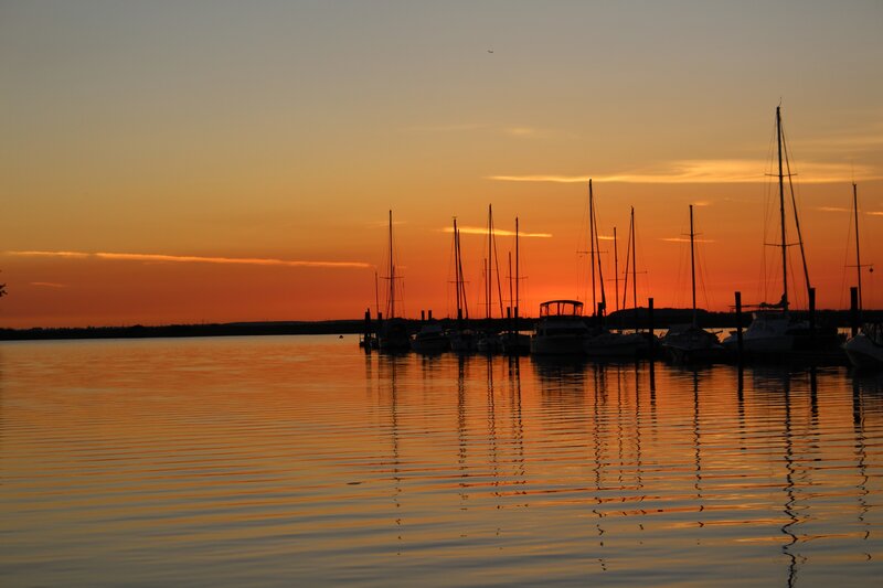 Sailboats at Sunset — Orange, Serene, Photograph, Water, Sky