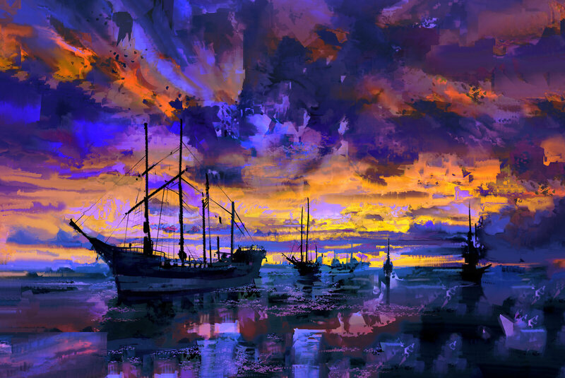 Sailboats at Sunset — Purple, Dramatic, Digital Art