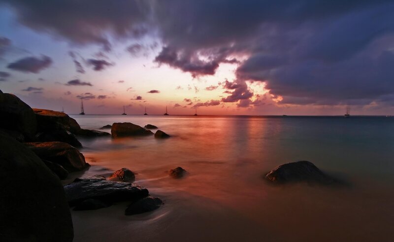 Sailboats at Sunset — Purple, Dramatic, Photograph, Rocks