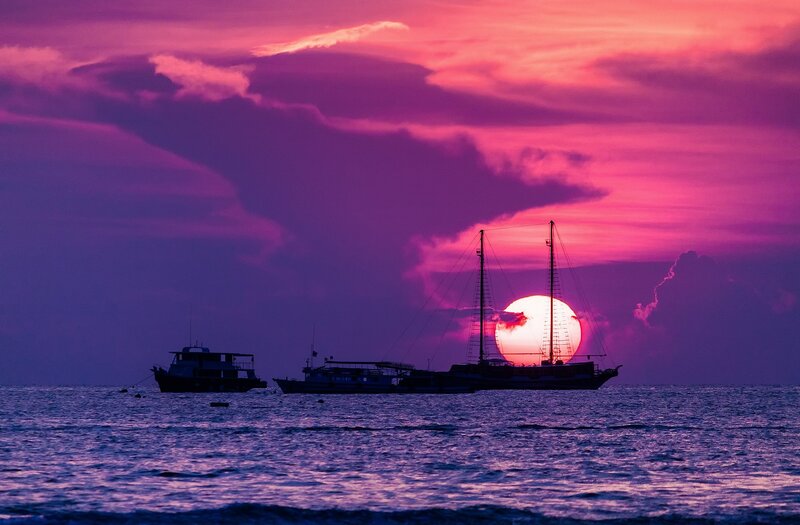 Sailboats at Sunset — Purple, Dramatic