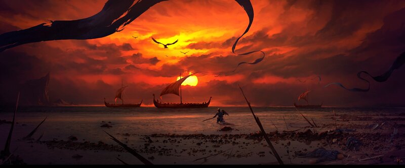 Sailboats at Sunset — Red, Dramatic