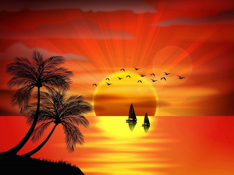 Sailboats at Sunset — Red, Serene, Digital Art, Palm Trees, Birds