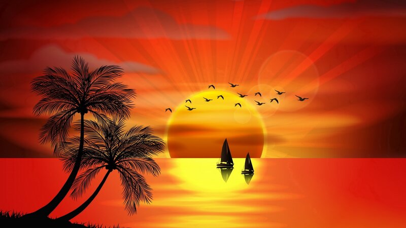 Sailboats at Sunset — Red, Serene, Digital Art, Palm Trees