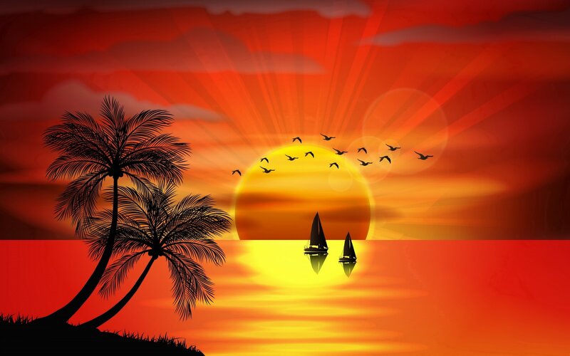 Sailboats at Sunset — Red, Serene, Digital Art