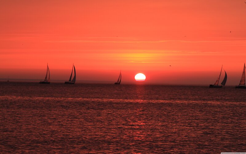 Sailboats at Sunset — Red, Serene, Photograph