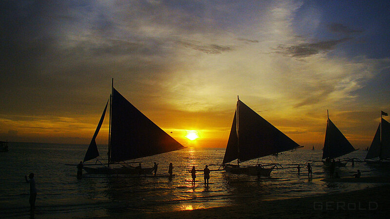 Sailboats at Sunset — Yellow, Dramatic, Photograph