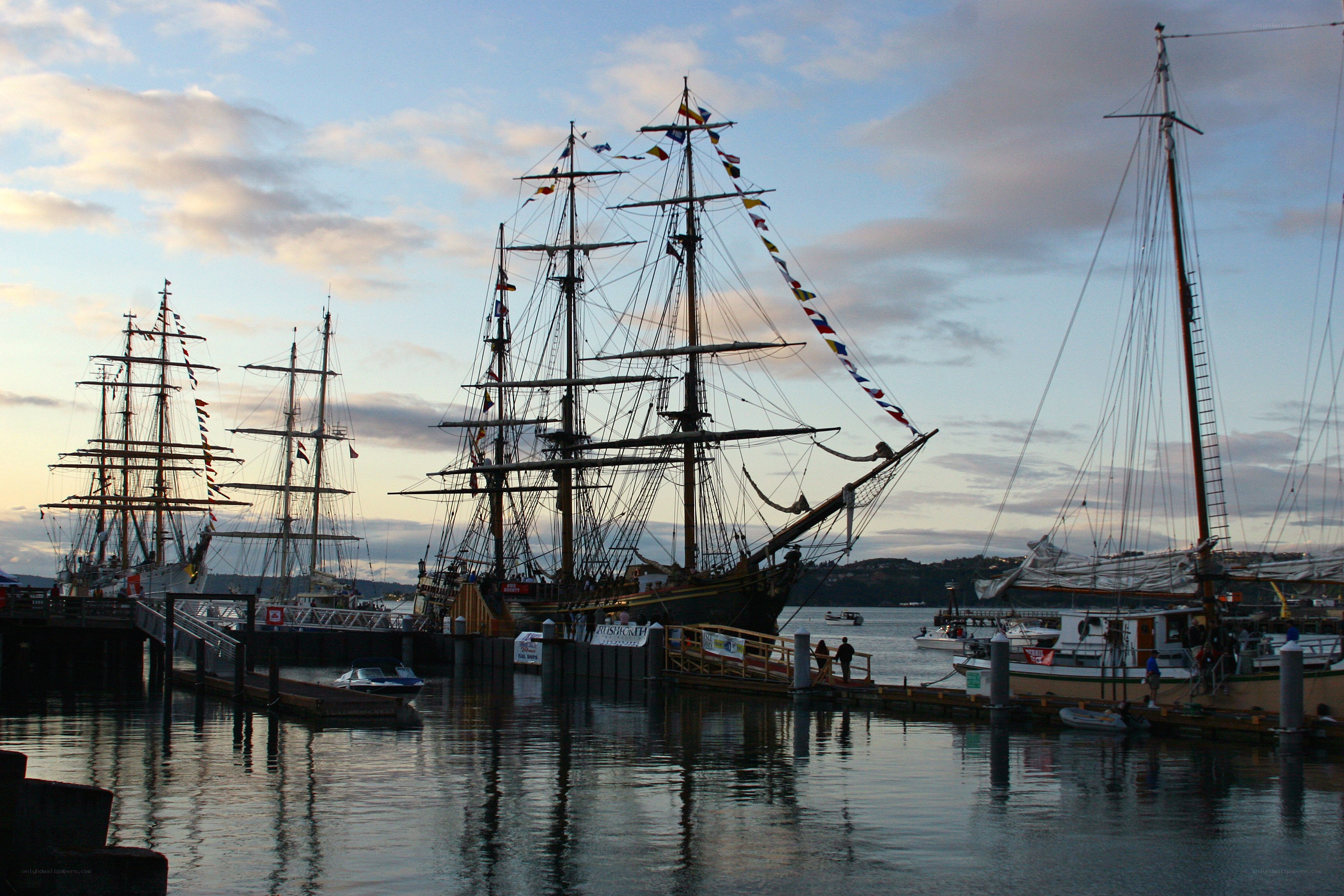 Sailboats docked at harbor