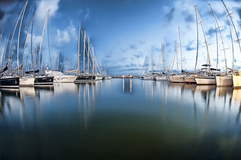 Sailboats docked at marina