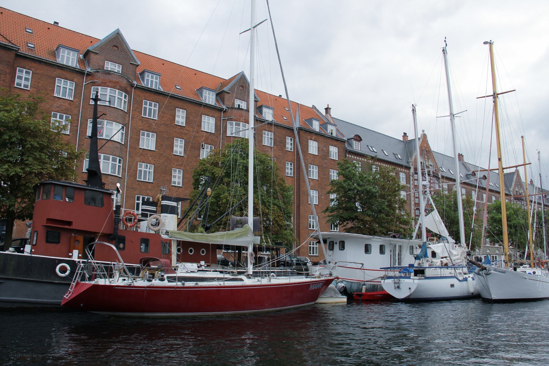 Sailboats docked in a canal