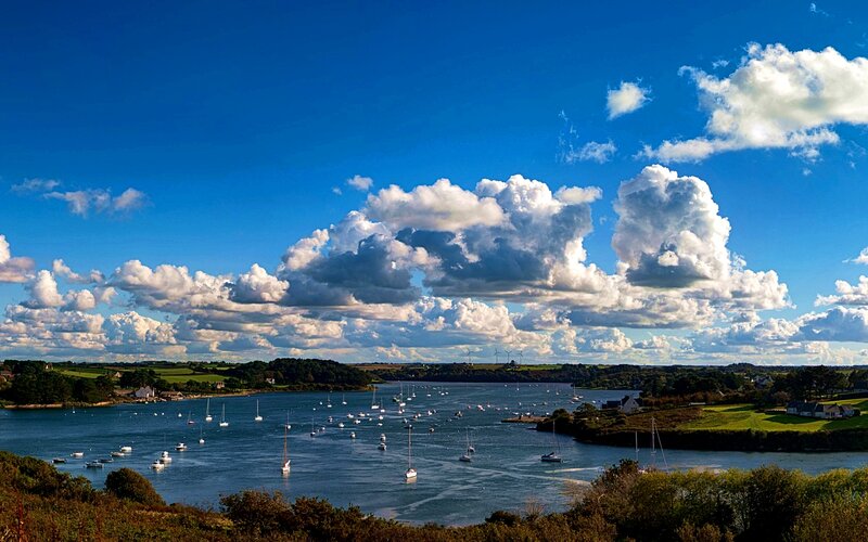 Sailboats in a Bay — Blue, Serene, Afternoon, Photograph, Clouds