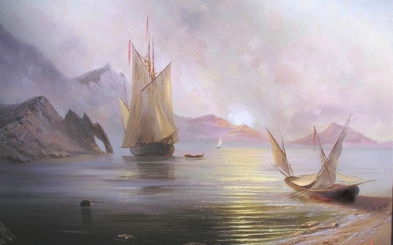 Sailboats in a Bay — Blue, Serene, Sunset