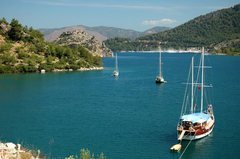 Sailboats in a coastal bay