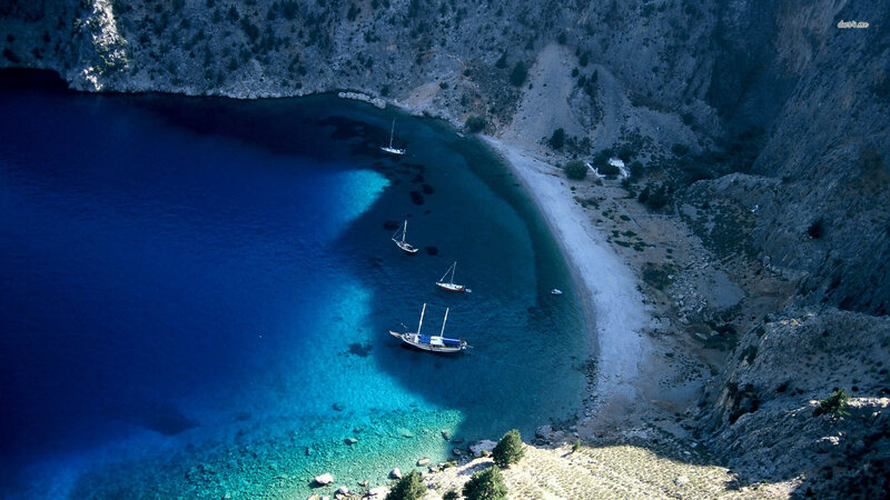 Sailboats in a Cove — Blue, Serene, Afternoon, Photograph, Cliffs