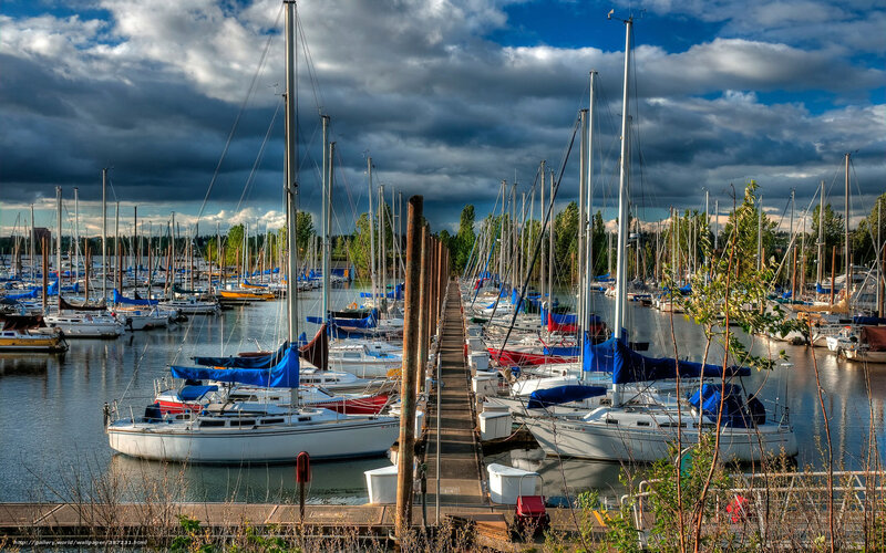Sailboats in a marina under stormy sky