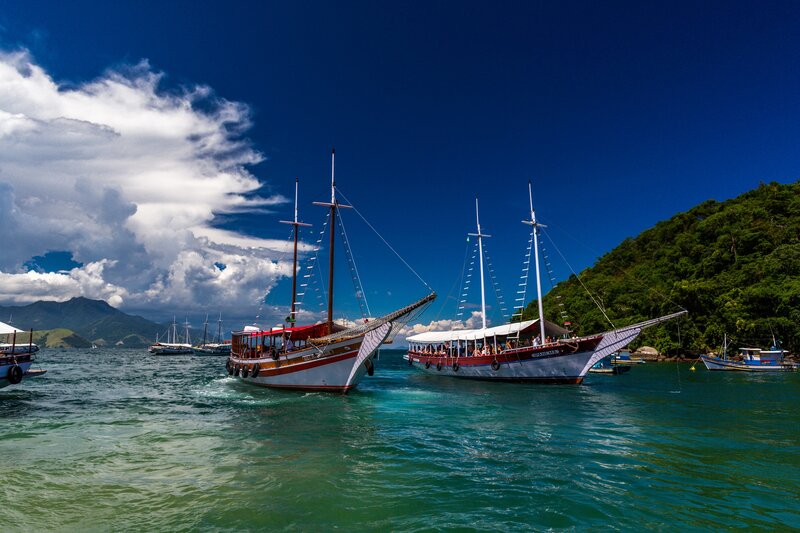 Sailboats in a tropical bay