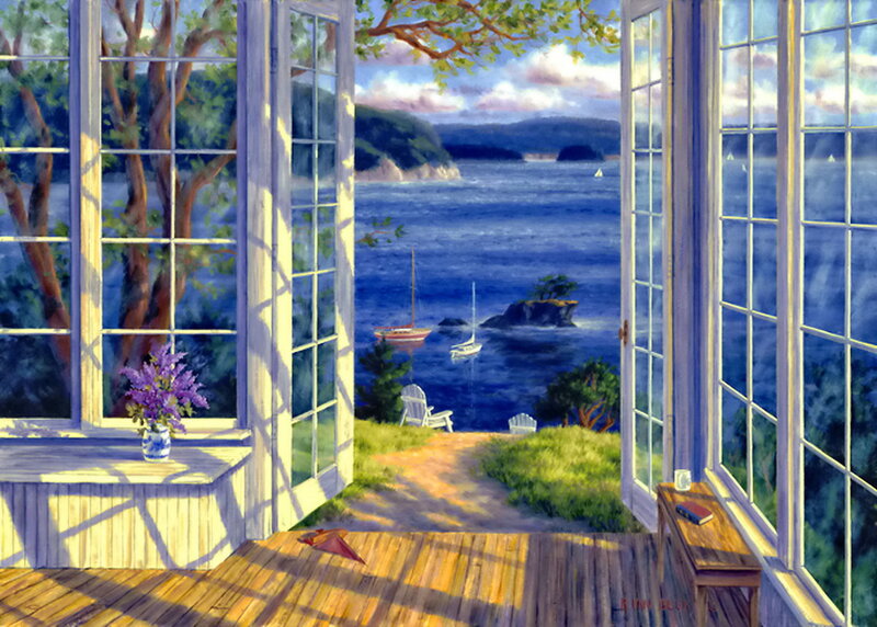 Sailboats in Bay — Blue, Serene, Afternoon, Painting