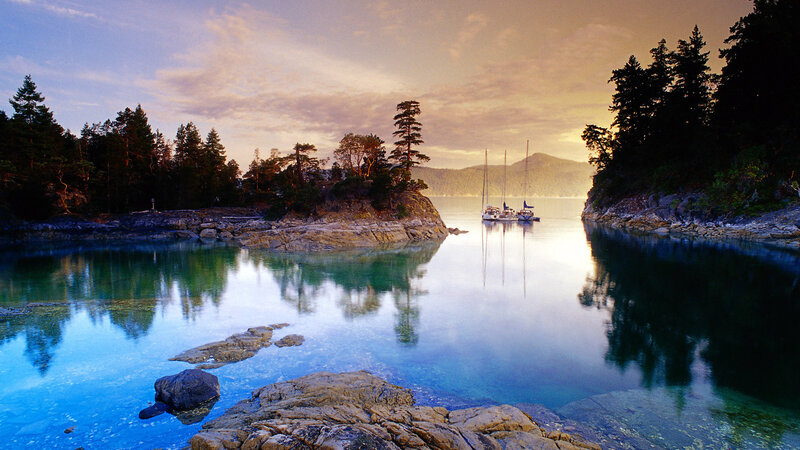 Sailboats in Calm Bay — Blue, Serene, Sunset, Photograph