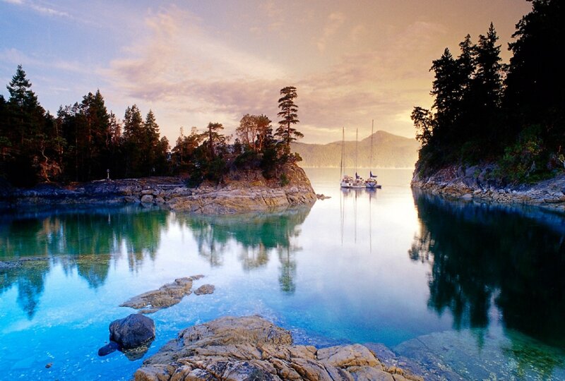Sailboats in Calm Bay — Blue, Serene, Sunset, Photograph, Trees