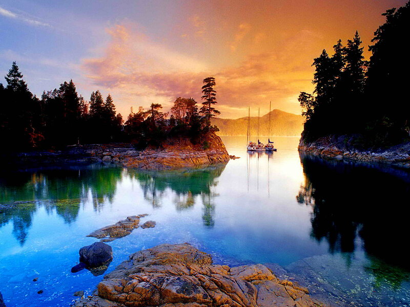 Sailboats in Calm Bay — Blue, Serene