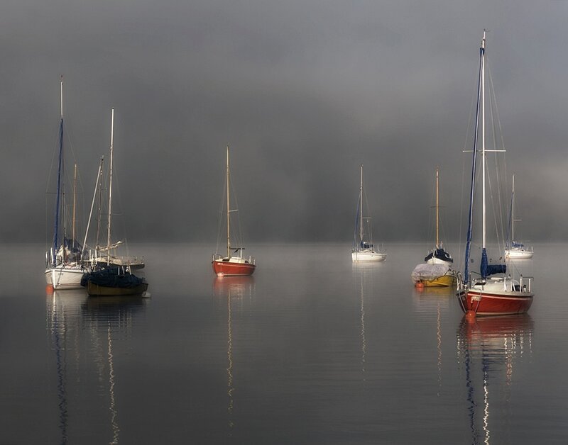 Sailboats in Fog — Gray