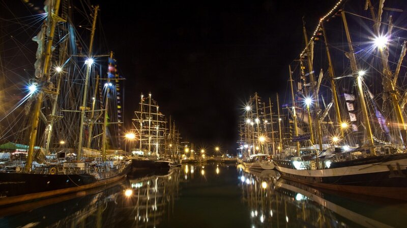 Sailboats in Harbor — Black, Dramatic, Night