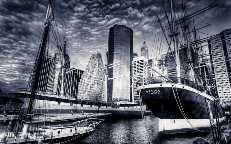 Sailboats in Harbor — Black, Dramatic, Sunset