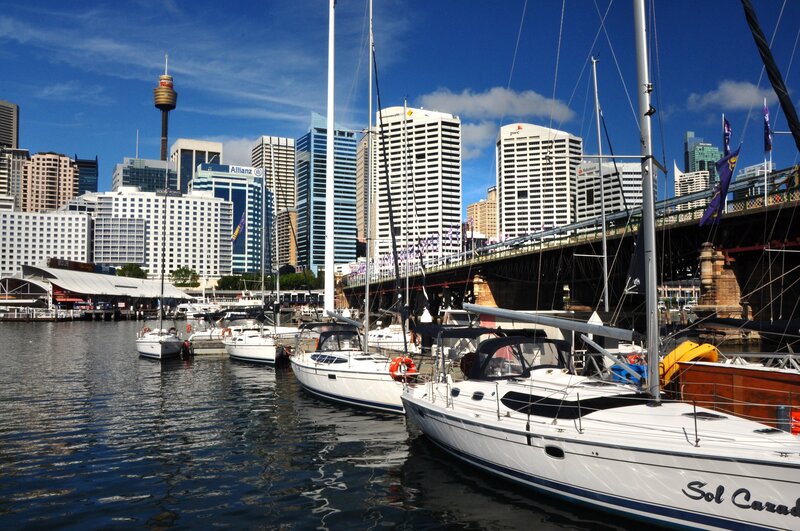 Sailboats in Harbor — Blue, Bright