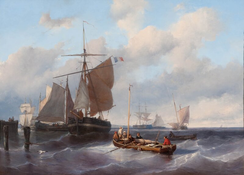 Sailboats in Harbor — Blue, Dramatic, Afternoon, Painting, Ships, Boat