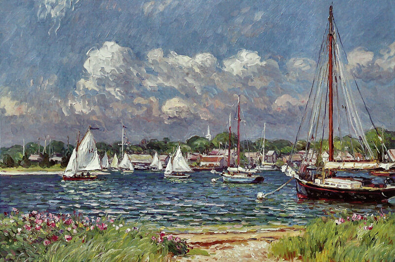 Sailboats in Harbor — Blue, Dramatic, Afternoon, Painting