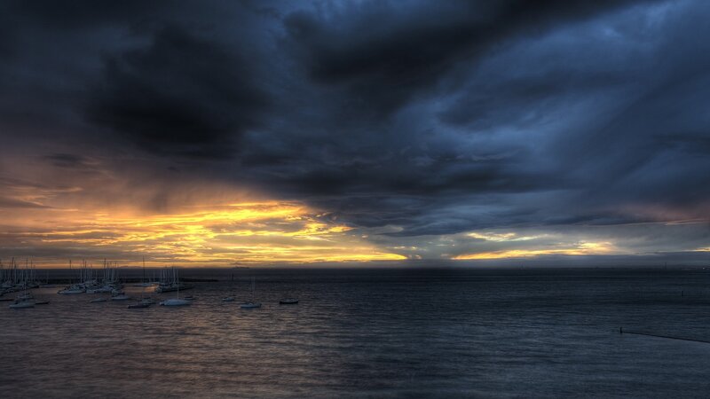 Sailboats in Harbor — Blue, Dramatic, Sunrise