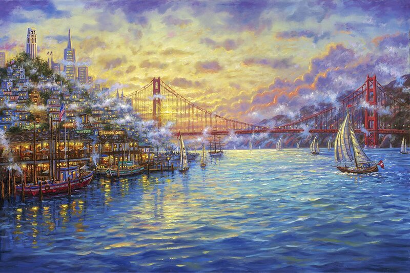 Sailboats in Harbor — Blue, Dramatic, Sunset, Painting