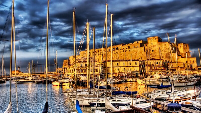 Sailboats in Harbor — Blue, Dramatic, Sunset, Photograph, Castle, Moored Boats