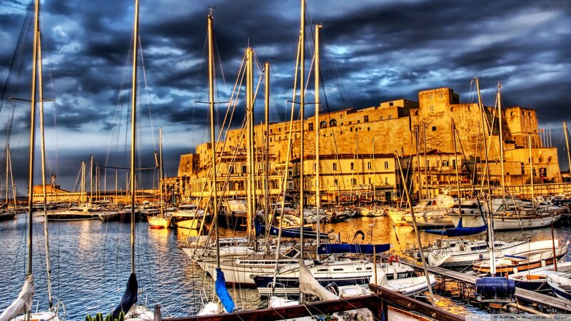 Sailboats in Harbor — Blue, Dramatic, Sunset, Photograph, Castle